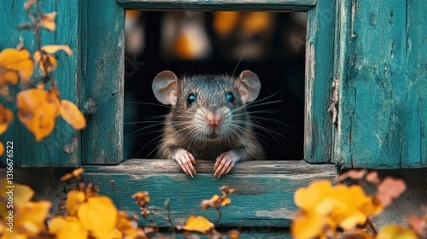 Obraz Curious rat peeking through rustic autumn window