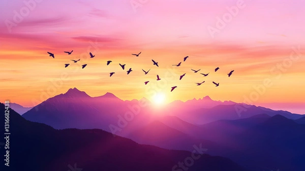 Fototapeta Serene Sunset Over Mountains with Birds Flying in the Sky