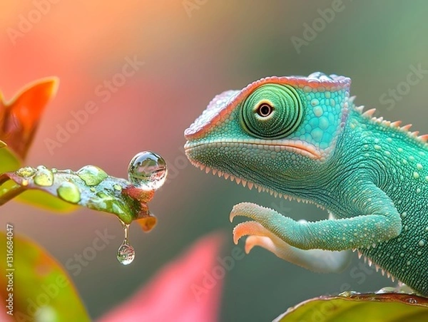 Obraz Curious Chameleon, A Tiny Reptile Observing a Dewdrop in Nature