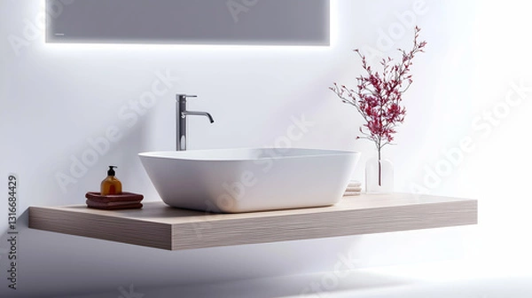 Fototapeta Modern bathroom setup featuring a rectangular sink and decorative elements