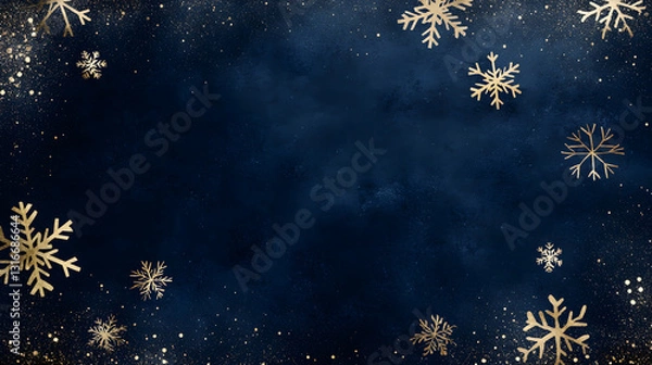 Fototapeta Dark blue watercolor background with elegant golden snowflakes, featuring rich textures and a luxurious winter theme.
