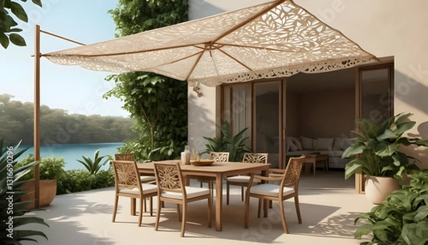 Obraz Elegant Outdoor Dining Setup Under Decorative Canopy by Water