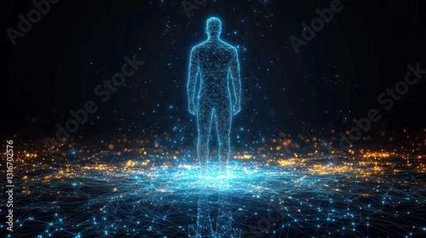 Obraz Digital Human Silhouette, Cityscape Background, Abstract,  Concept Image