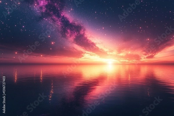 Fototapeta Vibrant sunset reflecting on calm waters with a starry sky filled with cosmic colors