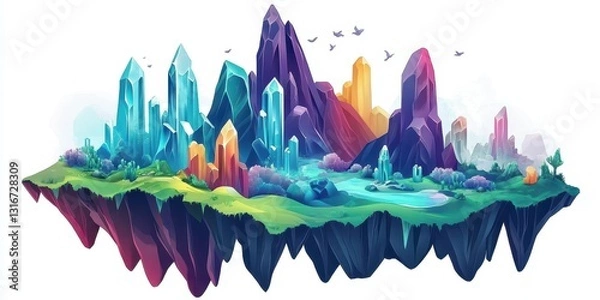 Fototapeta A Colorful Fantasy Floating Island With Crystalline Structures And Birds