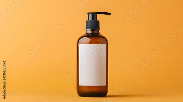 Obraz Amber pump bottle with a blank label, placed against a neutral background, ready for customization and branding.
