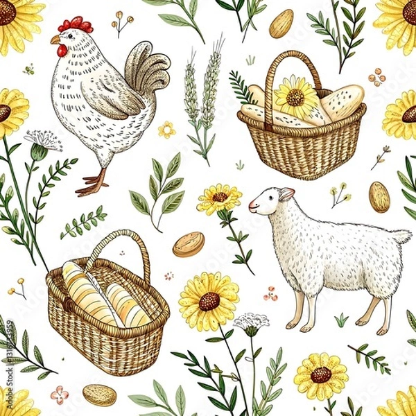 Fototapeta Charming farm animals and bread in wicker baskets seamless pattern design art lamb cute food sheep