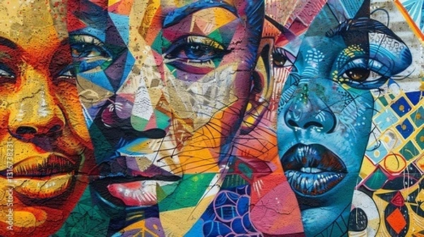 Fototapeta A vibrant and colorful graffiti art mural featuring multiple faces.