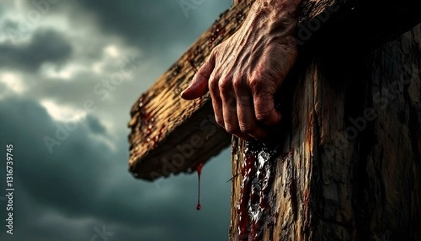 Fototapeta Close-up of Jesus’ hands nailed to the cross, blood trickling down the rough wood. The stormy sky looms in the background, symbolizing pain, sacrifice, and redemption.
