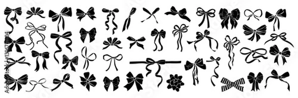 Fototapeta Black Monochrome decorative ribbon bows bundle. Holiday sign collection. Ribbon symbol, accessory logo, cut files. Vector outline illustrations isolated on transparent background.
