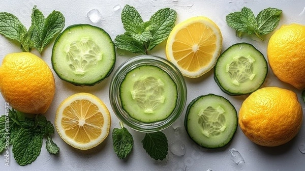 Fototapeta Refreshing Cucumber Lemon Mint Drink