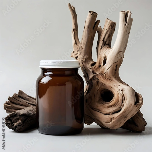 Fototapeta A minimalist composition consisting of a brown glass jar with a white lid and a bizarrely curved driftwood. The objects are placed on a neutral background. generative AI