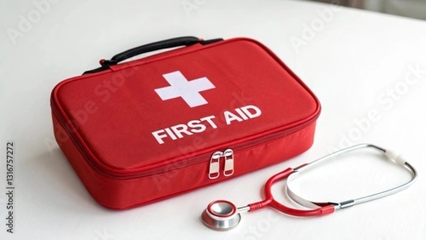 Fototapeta Emergency Red First Aid Kit Represents Medical Preparedness and Readiness for Health Emergencies