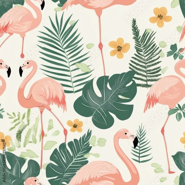 Obraz flamingos standing among tropical ferns and flowers, perfect for a playful, summer vibe, flamingo seamless pattern flat design for fabric print