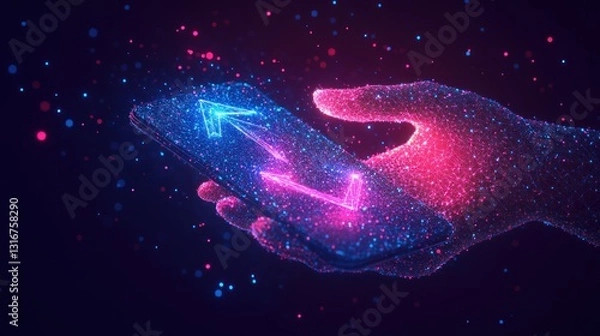 Obraz Hand holding smartphone with data transfer, glowing particles in dark background