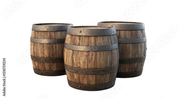 Obraz three old wooden barrels isolated on a white background