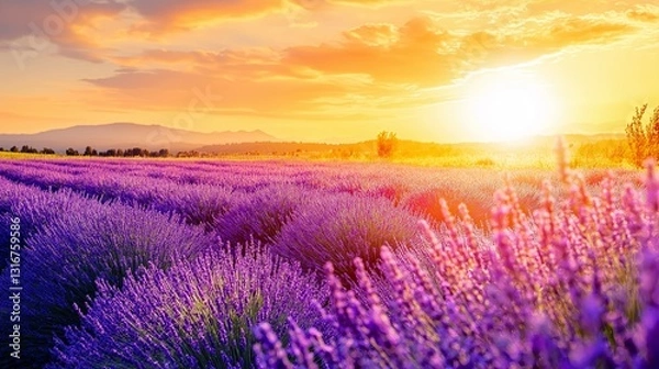 Fototapeta A vast field of lavender under a golden sunset