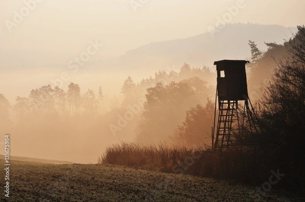 Obraz Autumn sunrise atmosphere with hunting high stand in Czech Republic