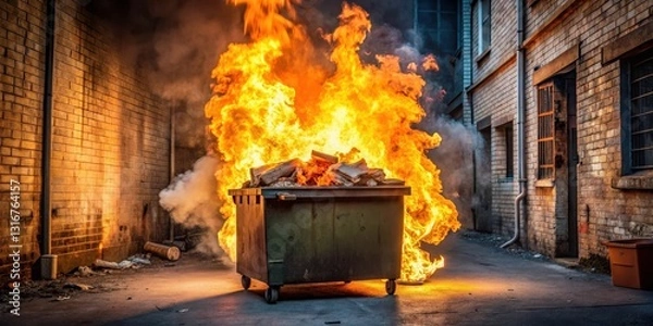 Fototapeta A dumpster fire engulfing a pile of trash in a deserted alleyway , dangerous scene, flames
