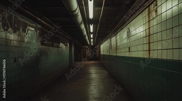 Fototapeta A quiet, abandoned subway station with moody lighting.