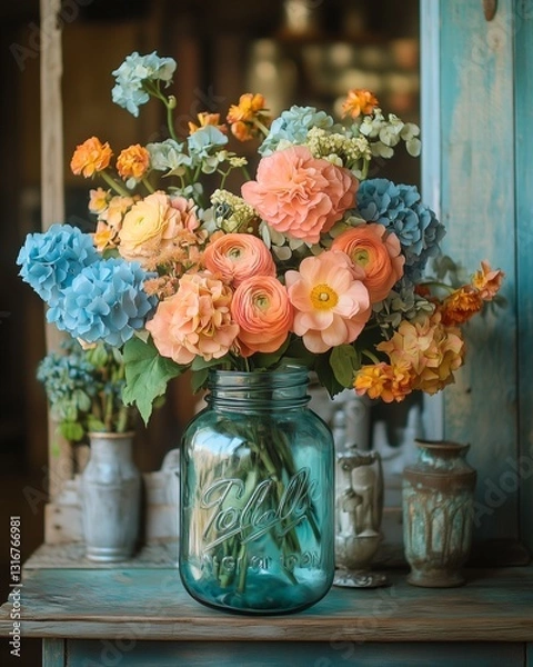 Obraz Pastel Bouquet in Vintage Mason Jar on Rustic Table