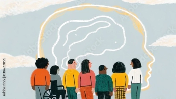 Obraz A diverse group of people observes a large outline of a head, symbolizing thoughts, mental health, and community awareness.