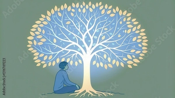 Obraz A serene illustration of a person meditating under a glowing tree, symbolizing tranquility, growth, and inner peace.