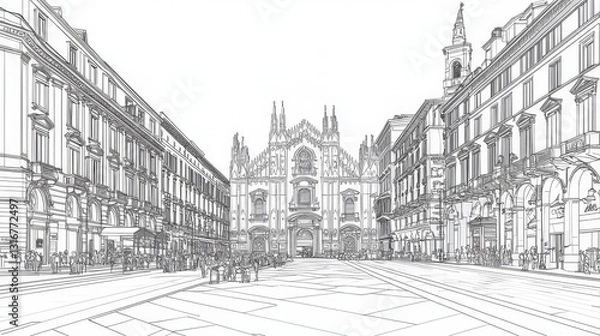 Fototapeta Cityscape Sketch: Architectural Line Drawing - A detailed line drawing of a city square, featuring grand buildings and a prominent cathedral. The is reminiscent of architectural blueprints