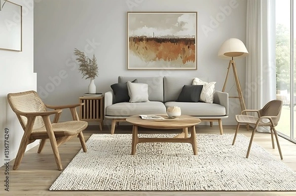 Fototapeta Neutral living room featuring a grey sofa wooden furniture abstract artwork and a textured white rug.