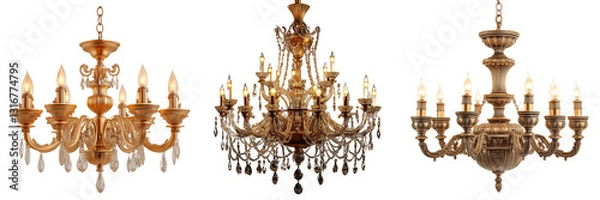 Fototapeta Set of a golden chandelier with candles, isolated on transparent background.