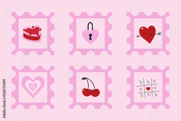 Fototapeta Set of cute Valentine's Day postage stamps. Collection of stickers on the theme of love. Hand drawn vector illustration.