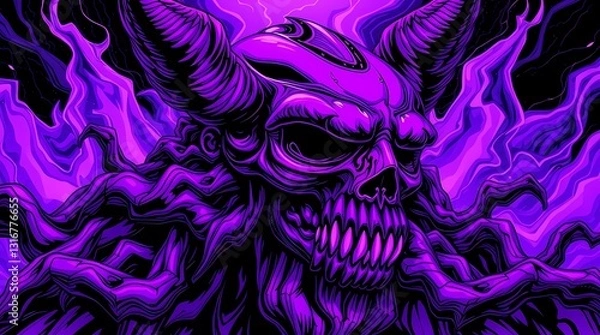 Fototapeta Demonic Skull: A chilling depiction of a demonic skull with intricate details, wreathed in ethereal purple flames, set against a dark, mysterious backdrop.