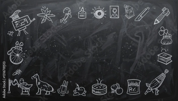 Obraz A creative chalkboard design featuring various hand-drawn sketches, ideal for educational or artistic projects.