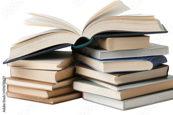 Fototapeta Stacked books with an open book on top, inviting readers to explore literary worlds and knowledge