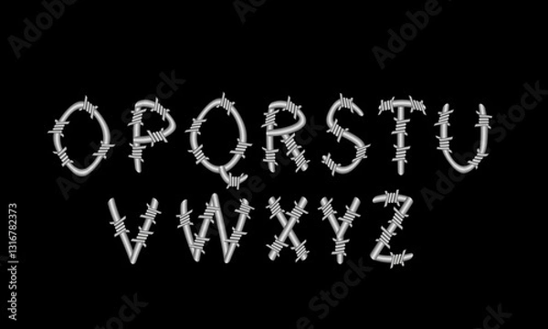 Obraz Letters made of metal. Iron font in the form of barbed wire.
 The English alphabet, a set of letters. Vector image