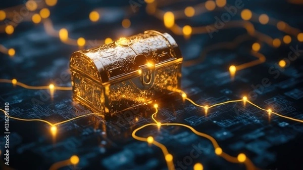 Obraz Golden Treasure Chest Surrounded by Glowing Network Connections and Digital Circuit Patterns