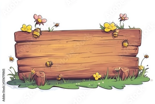 Fototapeta Charming Wooden Sign Surrounded by Bees and Colorful Flowers