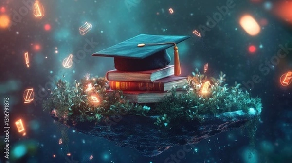 Fototapeta Graduation Cap and Books Surrounded by Glowing Academic Icons in a Magical, Ethereal Landscape