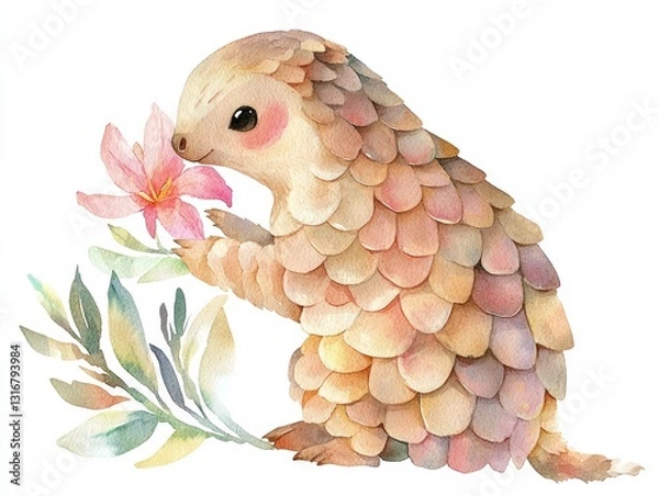 Fototapeta Charming Watercolor Illustration of a Pangolin Holding a Flower
