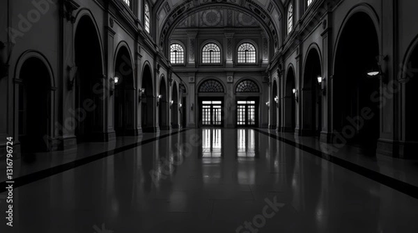 Fototapeta Elegant Hallway: A symmetrical architectural composition presents a long, polished hallway, highlighted by arched doorways, and illuminated by soft light, creating a sense of grandeur and history.