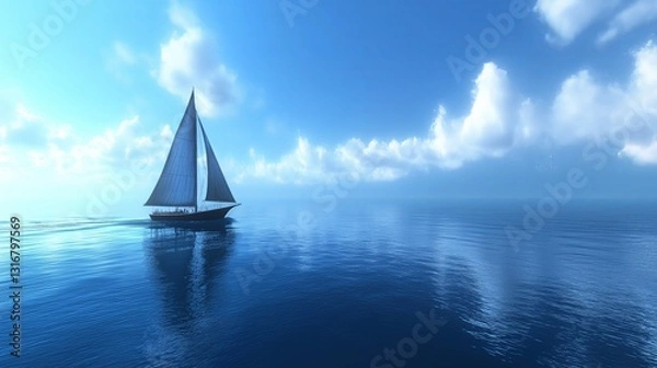 Obraz A lonely sailboat navigating through an endless blue sea