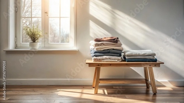 Obraz Neatly Stacked Soft Garments Resting on a Wooden Bench by a Sunlit Window in a Room with Hardwood Floors
