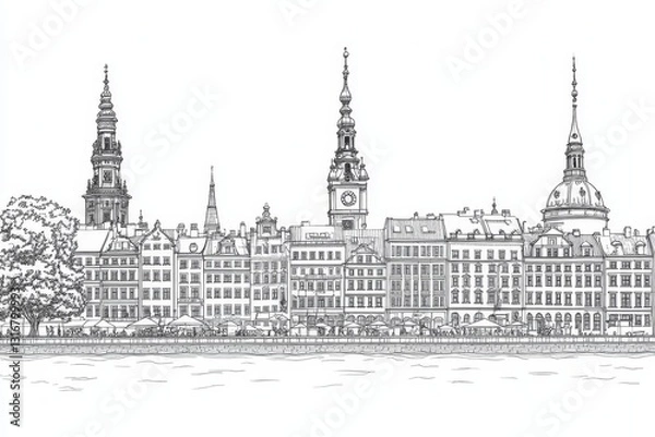 Fototapeta Riga Latvia Skyline Drawing - Single line drawing, coloring page, black and white illustration of Riga's historic architecture, symbolizing cityscapes, urban design, history, tourism, and travel