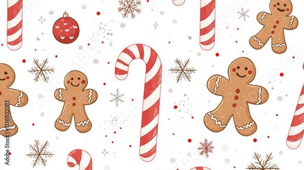 Obraz High-detail image of candy canes, snowflakes, and gingerbread men in seamless pattern for Christmas.