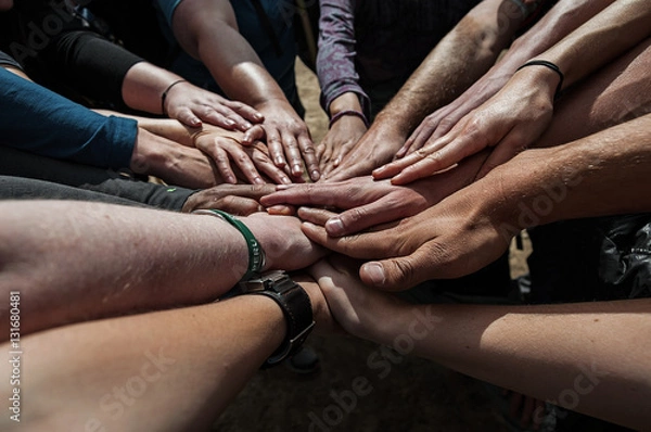 Fototapeta Multiethnic group of young people putting their hands on top of each other. Close up image of young students making a stack of hands.