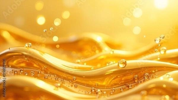 Fototapeta Glimmering Waves of Golden Liquid with Bubbles and Sparkles in Light