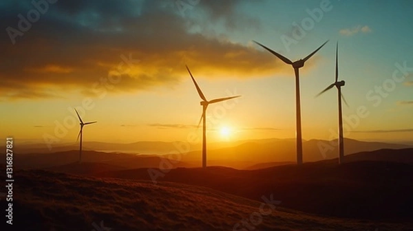 Fototapeta Professional Usage of Silhouette of Wind Turbines During Sunset in Scotland