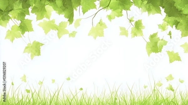 Fototapeta Green Leaves and Grass Border on White Background