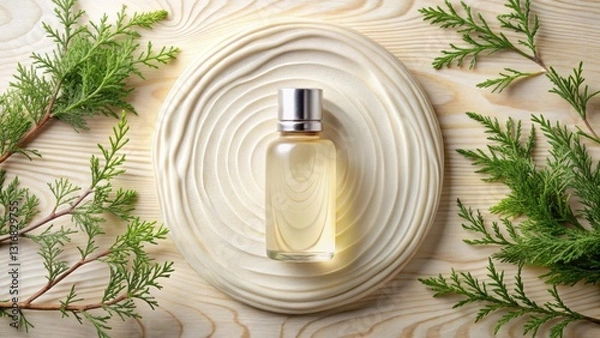 Fototapeta Serene Fragrance A Cylindrical Bottle of Perfume Rests on an Oval, Concentric-Circle Dish, Adorned with Sprigs of Fresh Evergreen