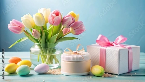 Fototapeta Pastel Tulips, Festive Gift, and Delicate Easter Eggs on a Rustic Table